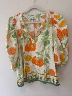 Rachel Zoe Linen Blend Citrus Green Orange Fruit Puff Sleeves Beach Tassles M